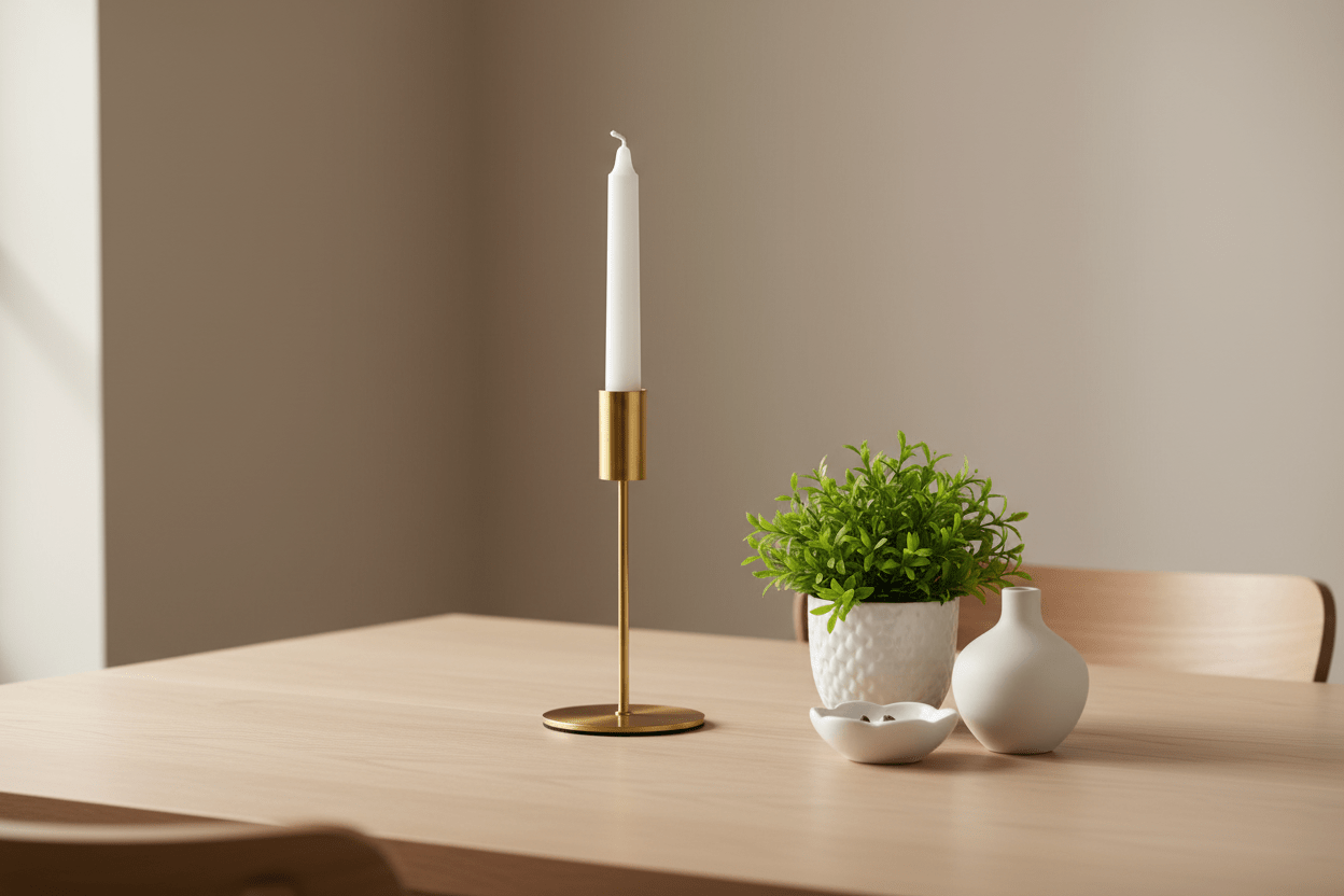 Cylindrical gold candle stand on dining table