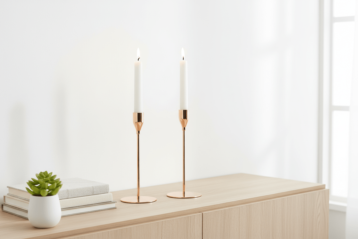 Pair of candle stands styled on console