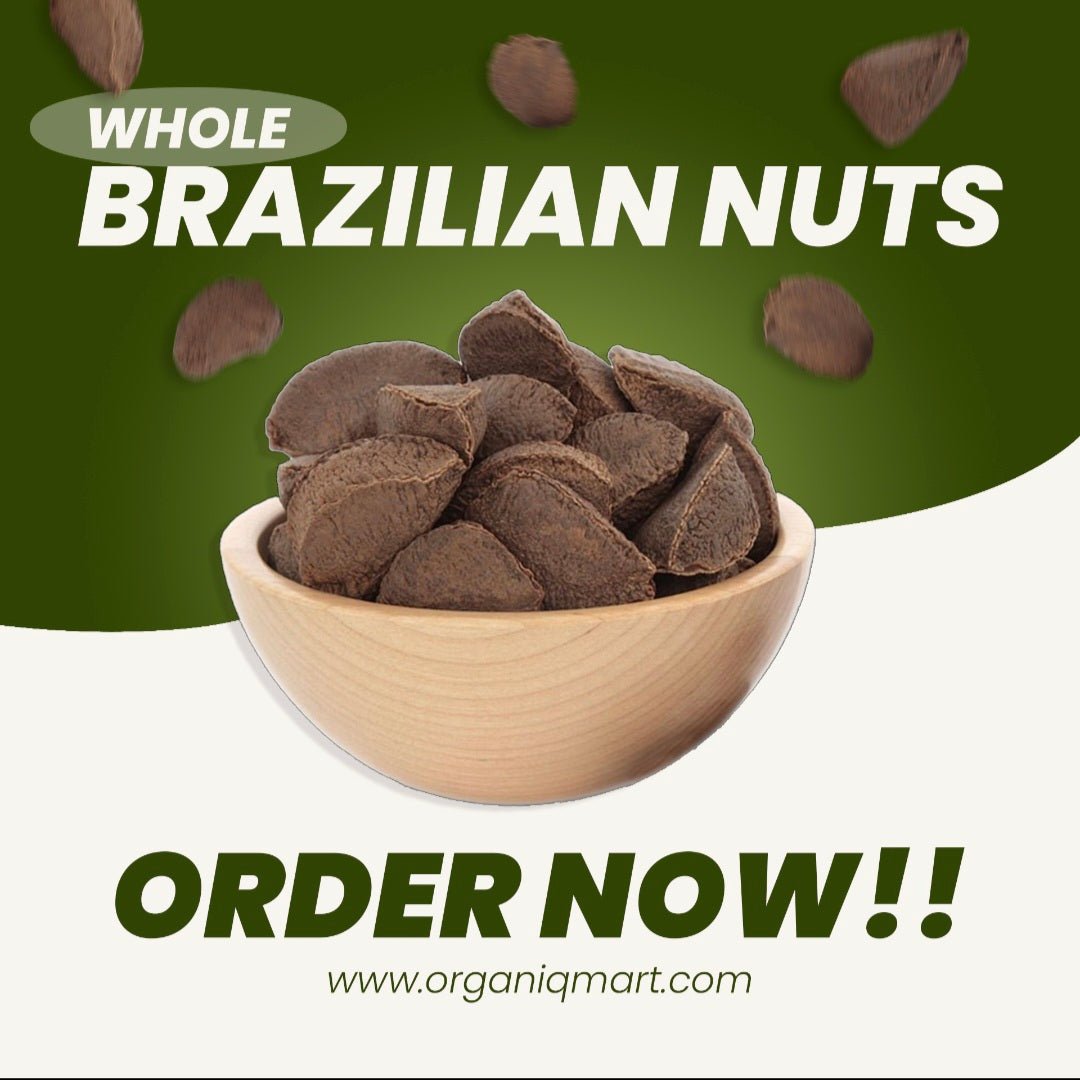Whole Brazilian Nuts in a wooden bowl surrounded by nuts, available for purchase at organiqmart.