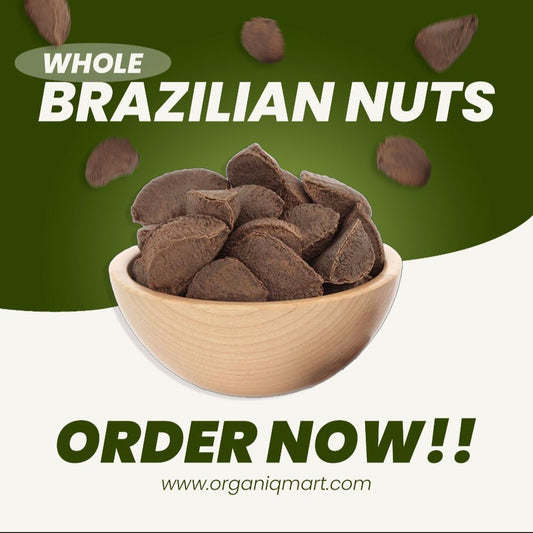 Whole Brazilian Nuts in a wooden bowl surrounded by nuts, available for purchase at organiqmart.